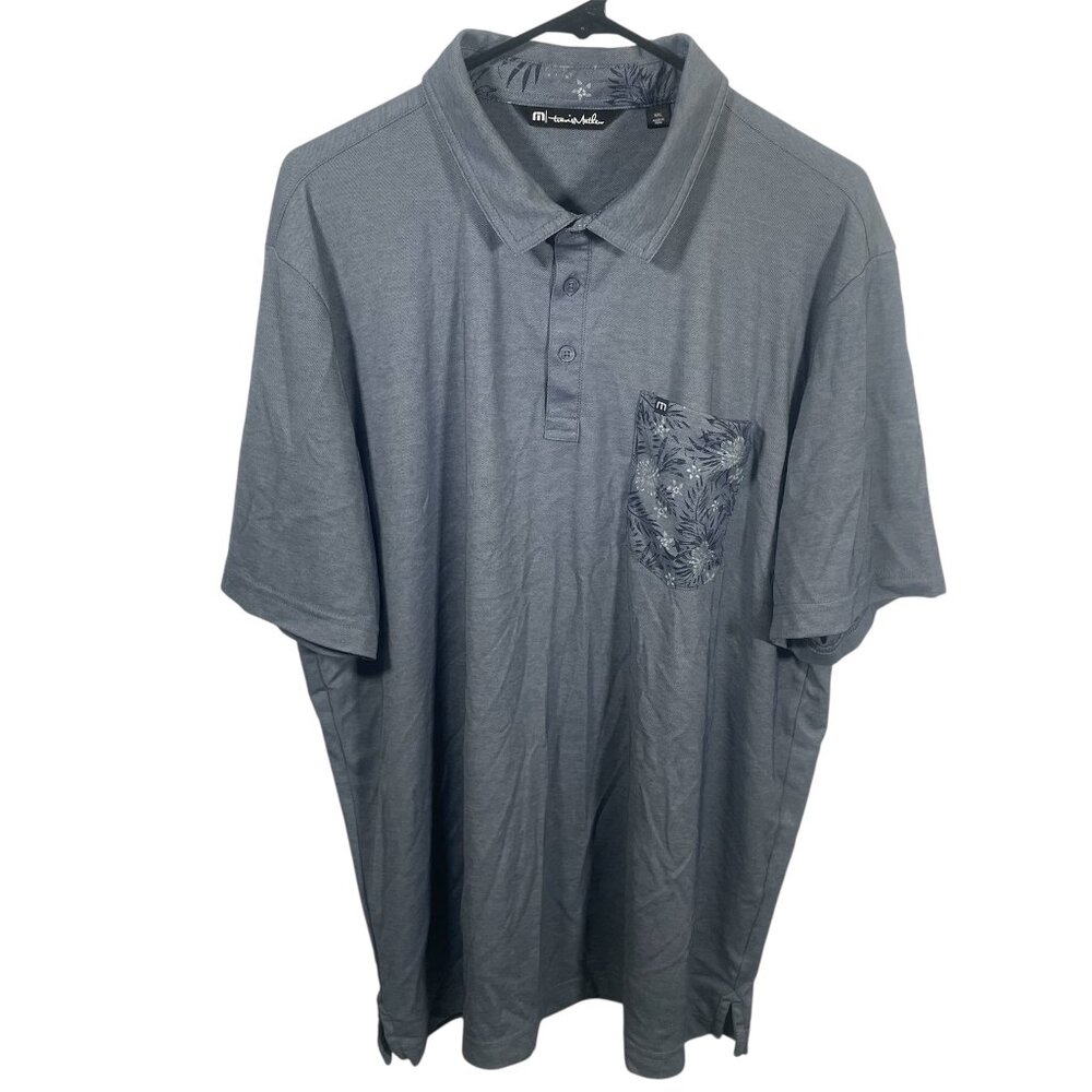 Travis Mathew Floral Pocket Polo Shirt Mens XXL Golf SS Gray Blue No Maps Hawaii
